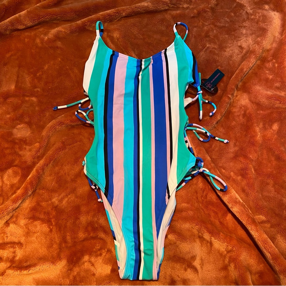 No Boundaries Blue and Green One Piece Swimsuit with Side Ties